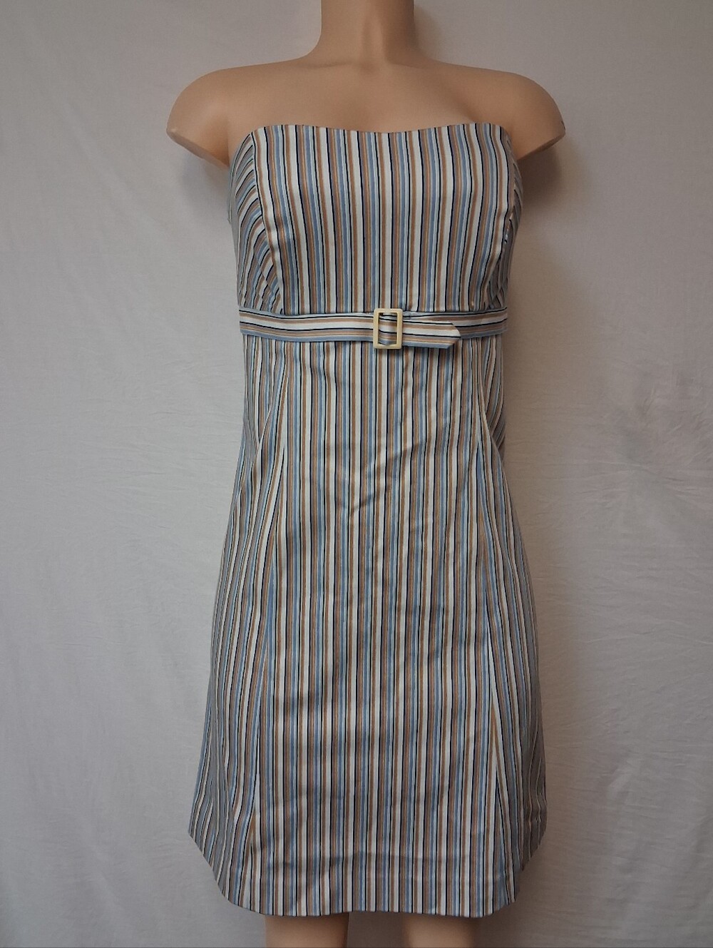 B. Moss Clothing Company Women’s Strapless Belted Dress in Blue & White Stripe